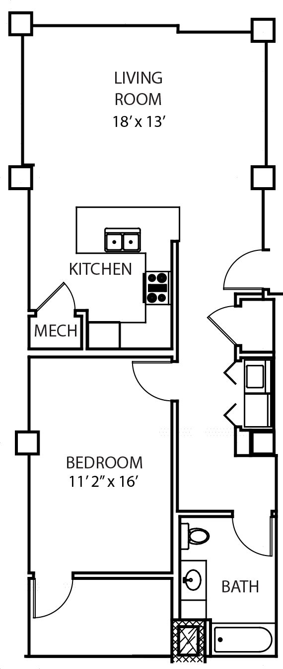 Floor plan for 1 bed, 1 bath, 920 sqft